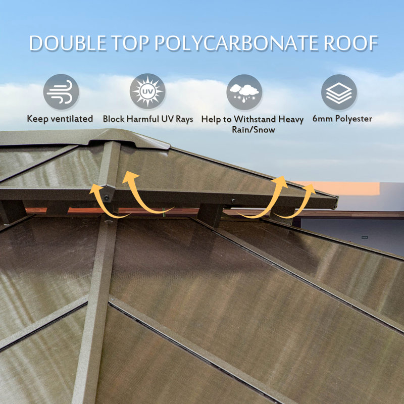 Aluminum Patio Gazebo Permanent Double Polycarbonate Roof Canopy, 12 ft x 12 ft, Brown