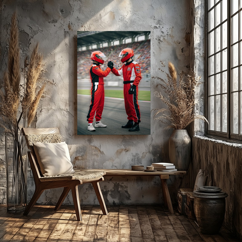 Toile, deux chauffeurs de voiture de course en costume de course rouge vif, art mural orné du logo du commanditaire, face à face dans une fête