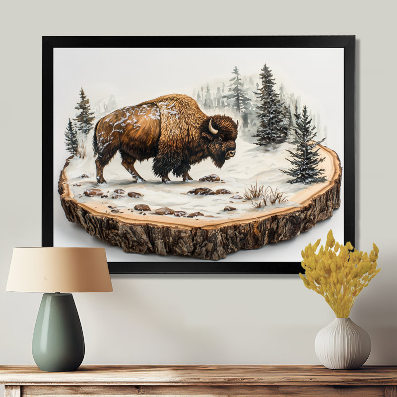 Marven Bison in Winter Forest Landscape II - Bison, art mural, H 30 po x l 40 po, Cadre simple, Noir, noir, noir, noir