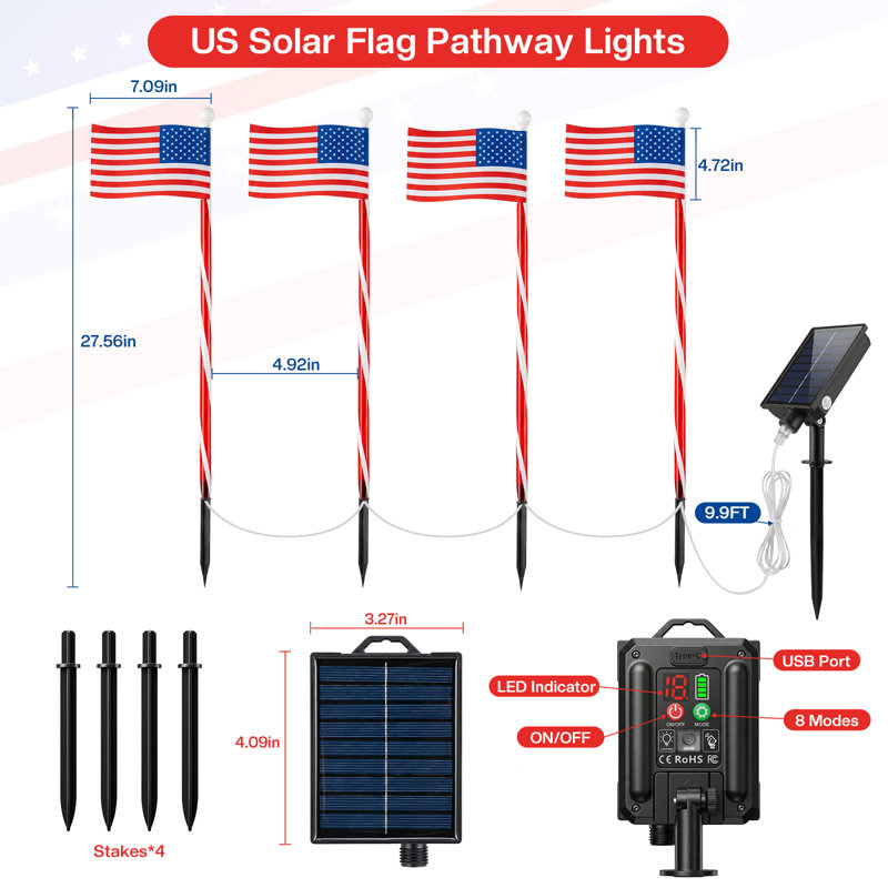 Ensemble de 4 lumières d'extérieur à énergie solaire pour drapeau américain