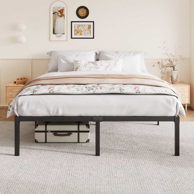 Structure de lit moderne en métal, sans tête de lit, sans sommier, Grand lit, 14"