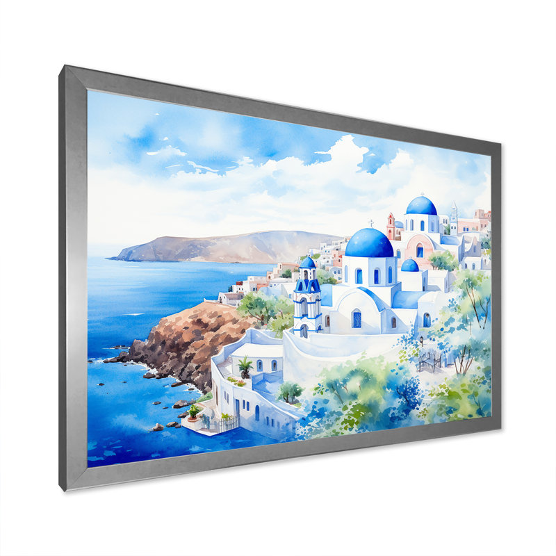 Grèce, paysage de Santorin II - Grèce, art mural, Cadre de coin argenté fermé, H 24 po x l 32 po x P 1 po