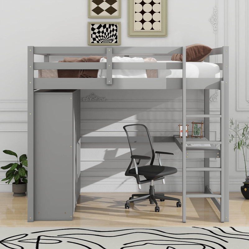 Lit mezzanine double en bois avec garde-robe intégré, gris