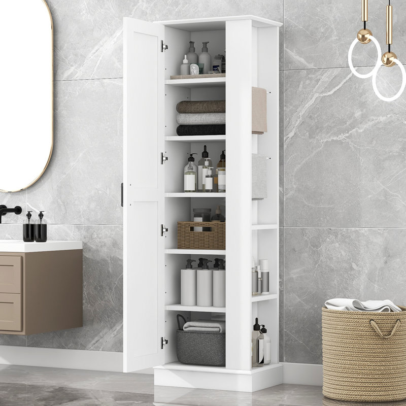 Tall Freestanding Bathroom Linen Storage Cabinet with Adjustable Shelves, 2 Open Side Shelves & 2 Towel Bars, Reversible Soft-Close Door, MDF and Particleboard, White
