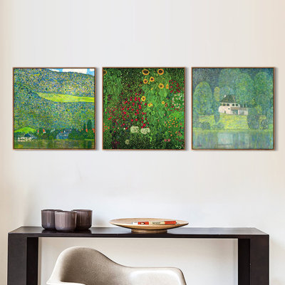 Framed Canvas Art Combo Painting 3 Pieces by Gustav Klimt Wall Art Series#9 Living Room Home Office Decorations(Wood Colour Slim Frame,16"x16" Each Piece)