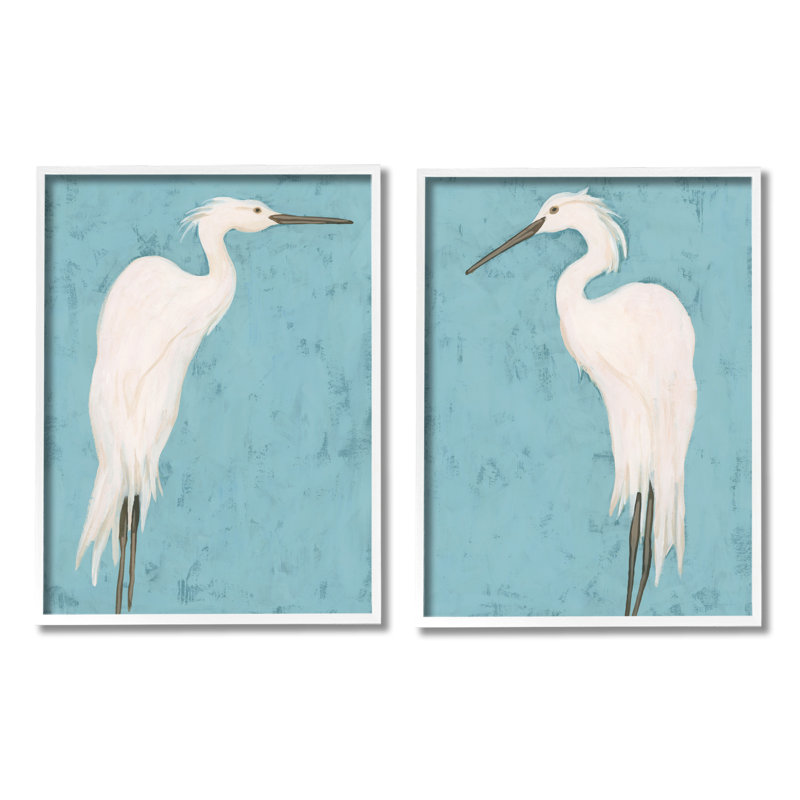 Héron nautique décontracté, peinture côtière bleue, Erica Vess, H 16 po x l 20 po, Cadre blanc
