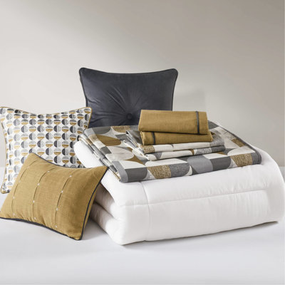 Queen 8 Pcs Gold Duvet Style Comforter With Mid - Century Luxury Geometric Pattern, Overfilled And Removable 300Gsm Down Alternative Fill