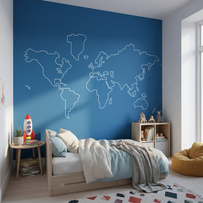 Adhésif mural moderne carte du monde, Bleu, L 108 po x l 140 po
