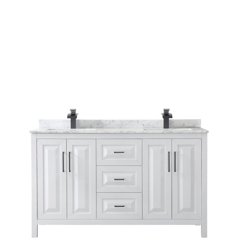 Ensemble de meuble-lavabo double 60 po Daria, Blanc, Marbre de culture blanc, Noir mat