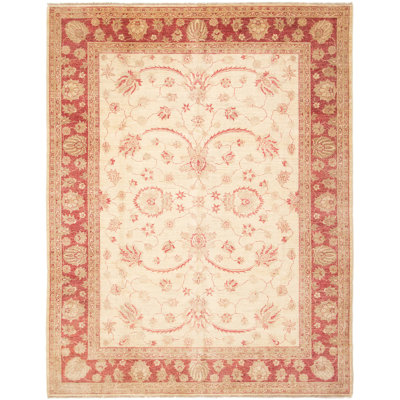 Tapis de zone en laine beige/rouge 8 pi x 10 pi noué la one-of-kind Kali