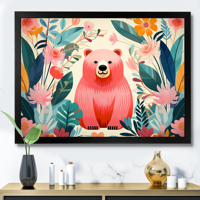 «Pink Tropical Bear Harmony I - Bear 2», art mural, H 34 po x l 44 po x P 1,5 po, Cadre d'angle fermé noir