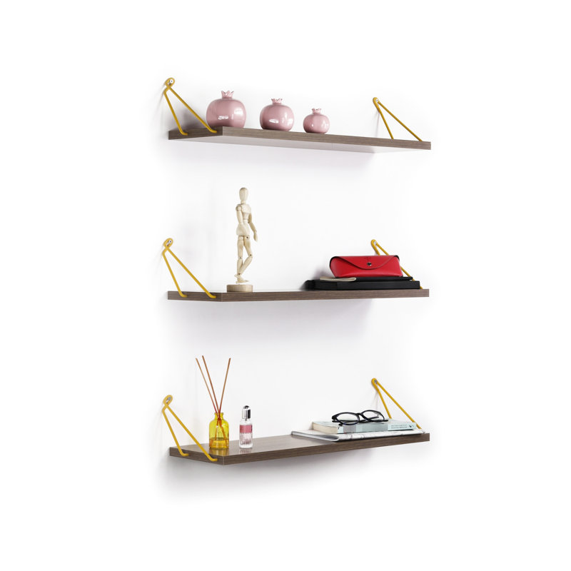 Solid Wood Bookcase Triple Shelf Rustic - Wall Mounted In Walnut/Yellow Finish Decorative For Books, Walnut/Gold