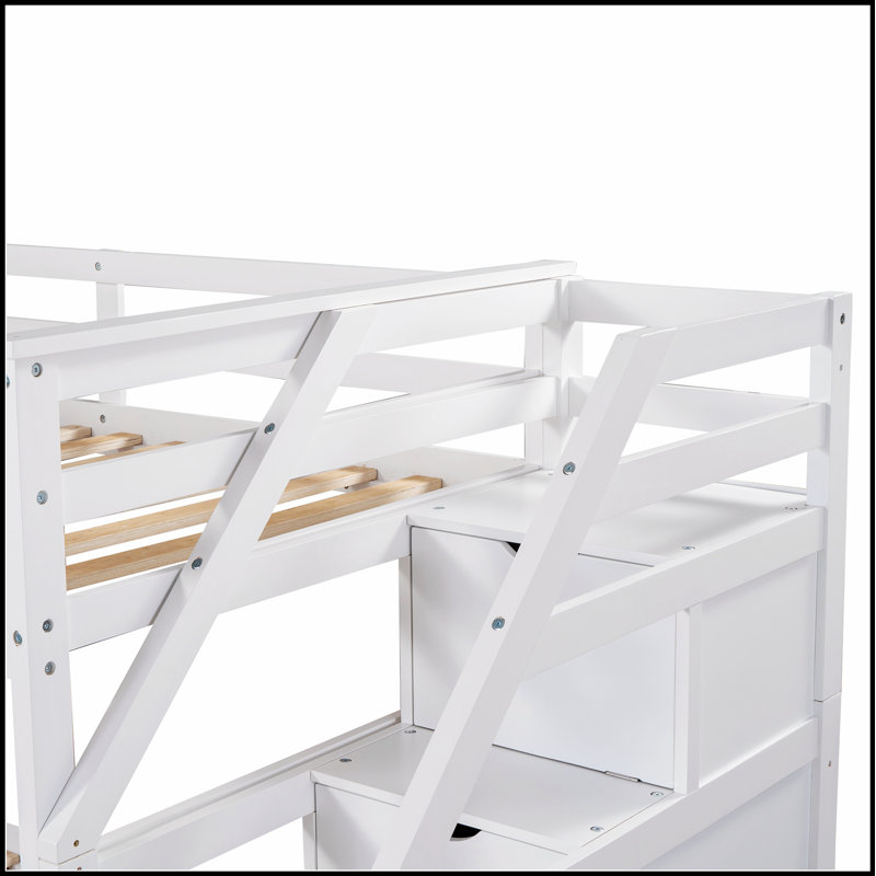 Lit avec lit gigogne et escalier de rangement, parfait pour les chambres peu encombrantes et organisées, Blanc
