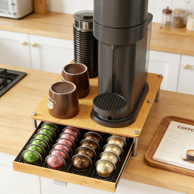 Bamboo Coffee Pod Organizer Drawer For Nespresso Vertuo Capsules, Storage Tray Holds 40 Large Or 56 Small Pods, Space-Saving Kitchen Counter Accessory