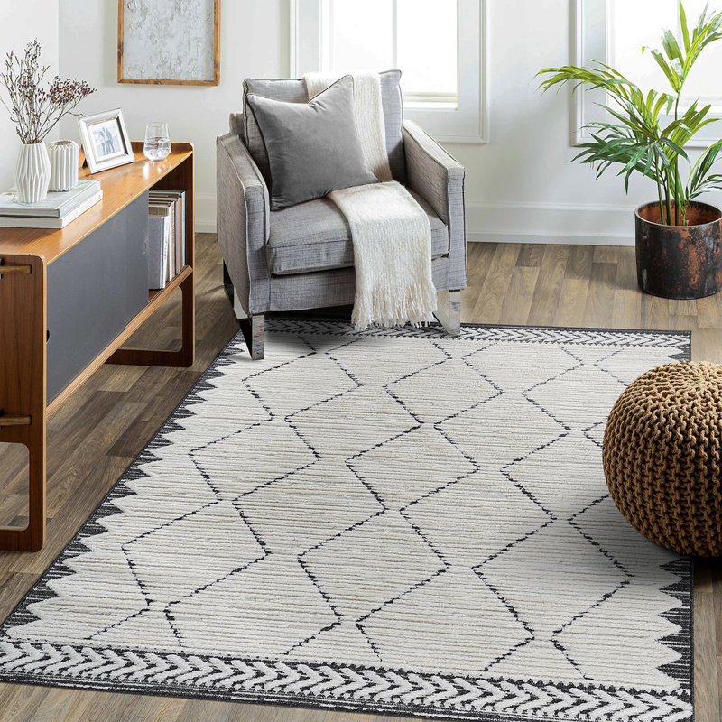 Step Collection High-Low Trellis Cream/Anthracite Indoor Area Rug, 9'X12', Modern, Contemporary, Geometric, Bohemian, Bedroom, Kitchen, Living Room, Non Shedding Carpet