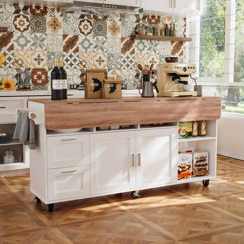 63"W  Kitchen Island With Leaf And Wheel