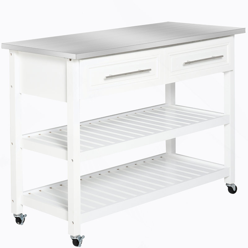 Kitchen Island with Stainless Steel Top, Open Shelves, Drawers, Gray