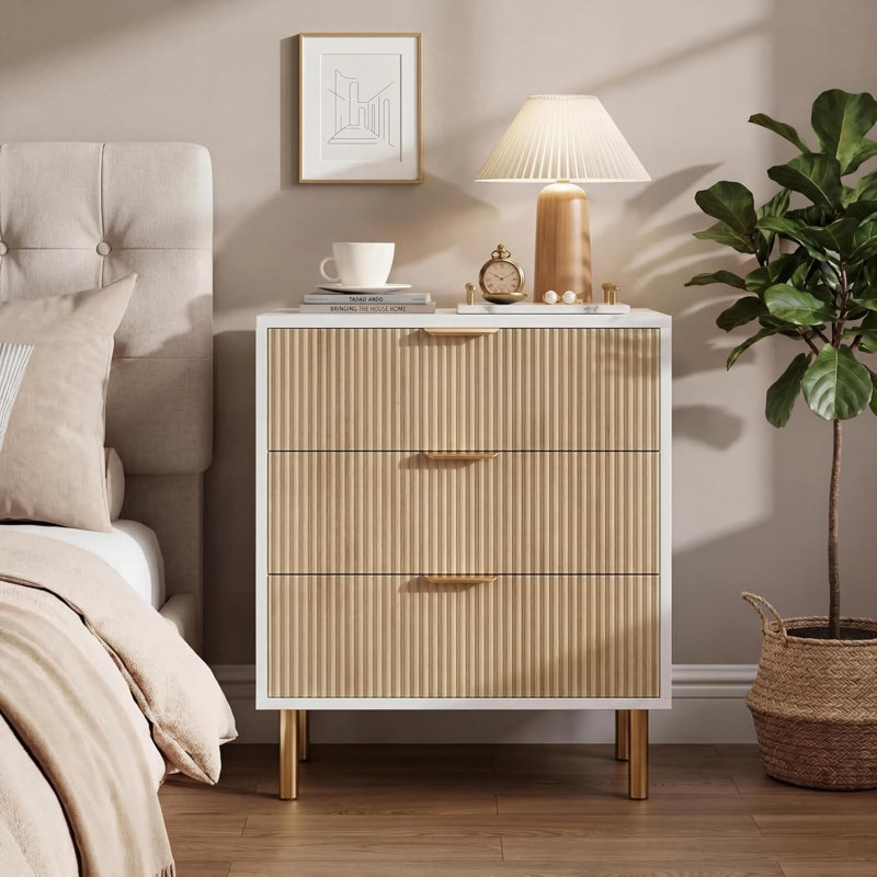 3-Drawer Dresser – Gold Handles, Natural Wood, Entryway or Closet, Brown