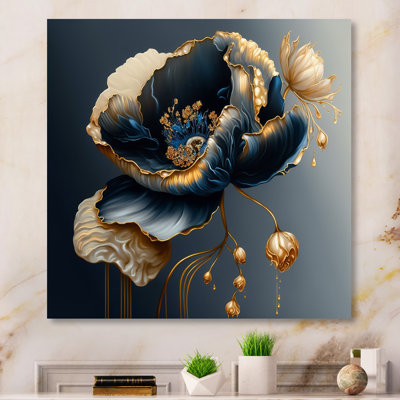 Décoration murale florale en métal bleu foncé et doré I