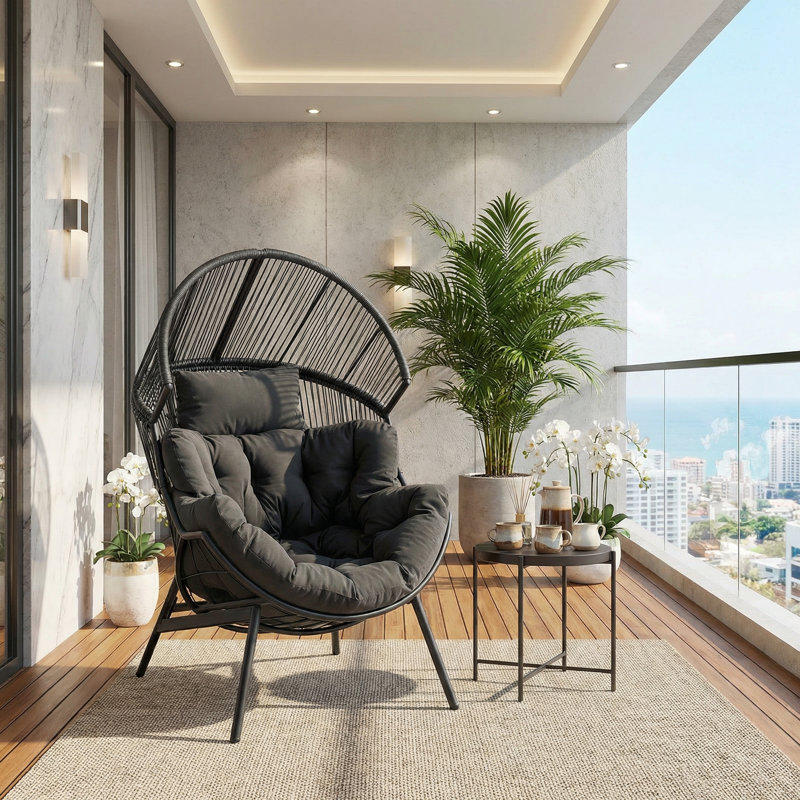 Fauteuil à œufs en osier avec coussin épais Wooley, Gris, Gris