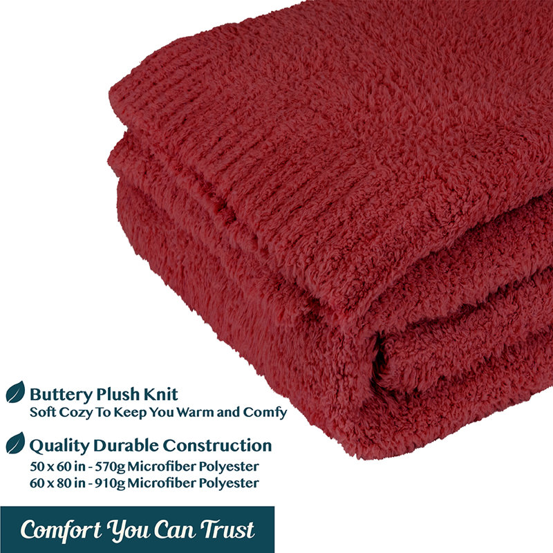 Deep Red Plush Knit Reversible Throw Blanket