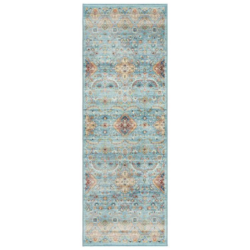 Samira Tanis Aqua Blue Gold Cream Multi Moroccan Bohemian Machine Washable Indoor Area Rug, Flat Pile for Living Room & Bedroom - Sage, 2x6 Runner