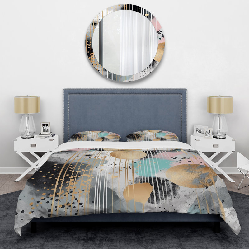 Ensemble de housse de couette à rayures pastel grises et dorées Melody I - Abstract Modern Shapes
