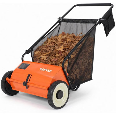 26" Push Lawn Sweeper – Orange, 9 Cu.Ft Hopper, 4 Spinning Brushes, Adjustable Height, Manual Yard Sweeper