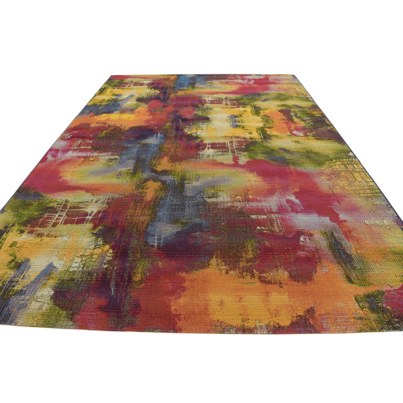 Tapis d'intérieur / extérieur vert / bleu à motif abstrait Trona, Rectangle 2 pi 2 po x 3 pi 1 po