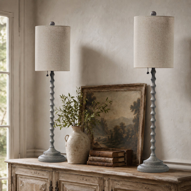 Ensemble de 2 lampes de table 30 po gris style campagne vieilli avec abat-jour cylindrique en lin