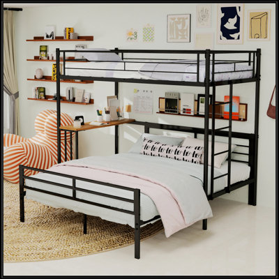 Lit mezzanine robuste avec structure en métal avec bureau et garde-corps pleine longueur, idéal pour économiser de l'espace dans les chambres pour adolescents et adultes