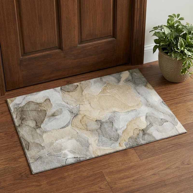 3' X 5' Brown Gray And Ivory Abstract Washable Area Rug With UV Protection