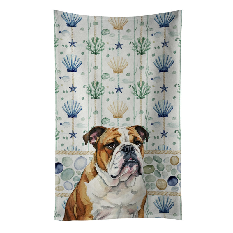 Brindle and White English Bulldog Coastal Sea Glass Kitchen Towel, Brindle and White English Bulldog
