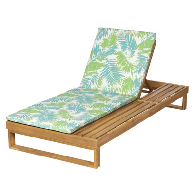 Teak Acacia Wood Chaise Lounge with Leaf Coconut 1.57-Inch 2-Fold Cushion, 4-Position Reclining Back & Side Shelf, 600 lb Capacity Outdoor Patio Lounger for Poolside