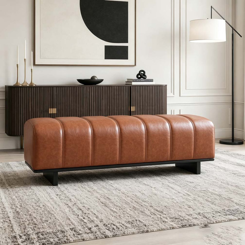 Banc de salle à manger d'intérieur avec pieds en bois d'hévéa, Brown-PU