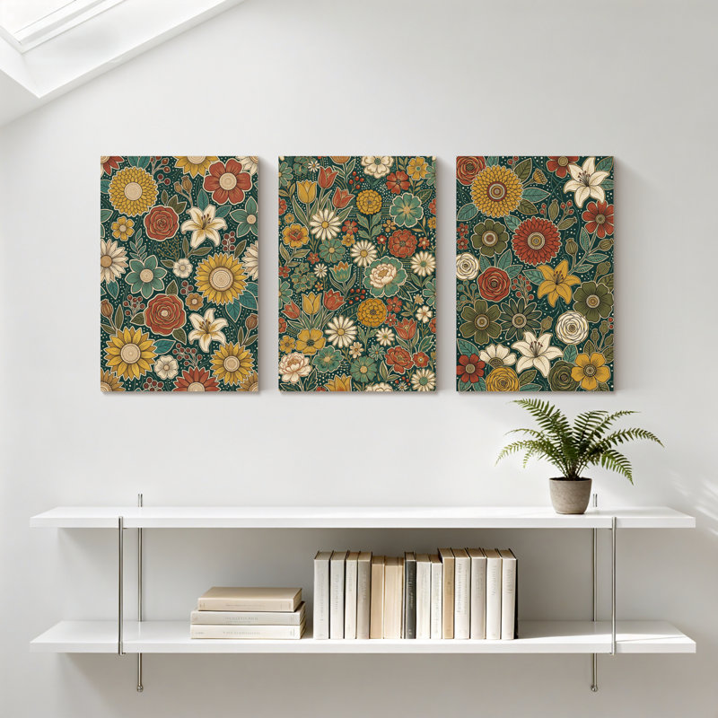 Plantes et fleurs, motif floral avec couleurs vives et fleurs variées, ensemble de 3 impressions sur toile, 30" H x 60" W