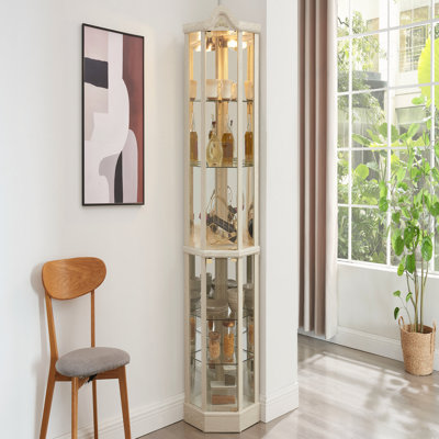 Glass Cabinet Lighted Corner Cabinet Corner Display Curio Cabinet, Glass Display With Light Bar Cabinet, Wine Cabinet with Adjustable Glass Shelves Ca by Fleur De Lis Living