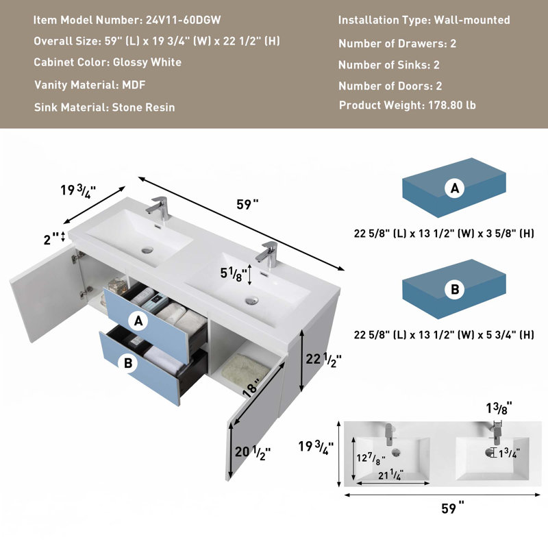 60"Floating Bathroom Vanity With Double Sink
