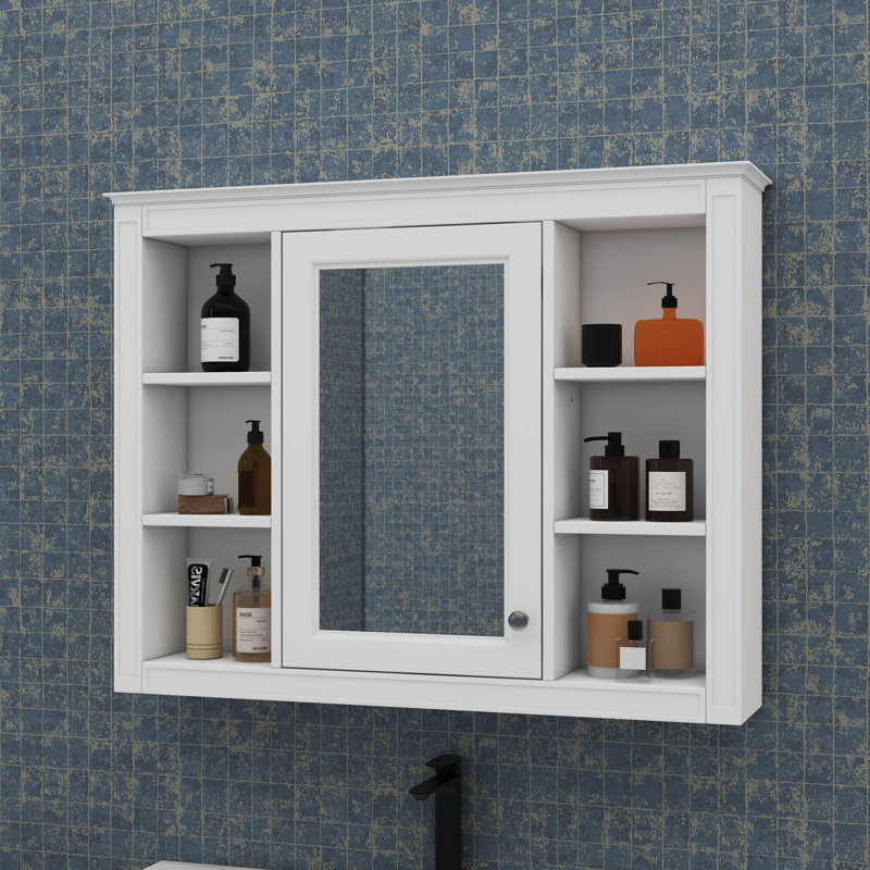 Pharmacie 35 po x 27,5 po, rangement mural pour salle de bain avec miroir, unité contemporaine avec 6 tablettes ouvertes, armoire murale fonctionnelle