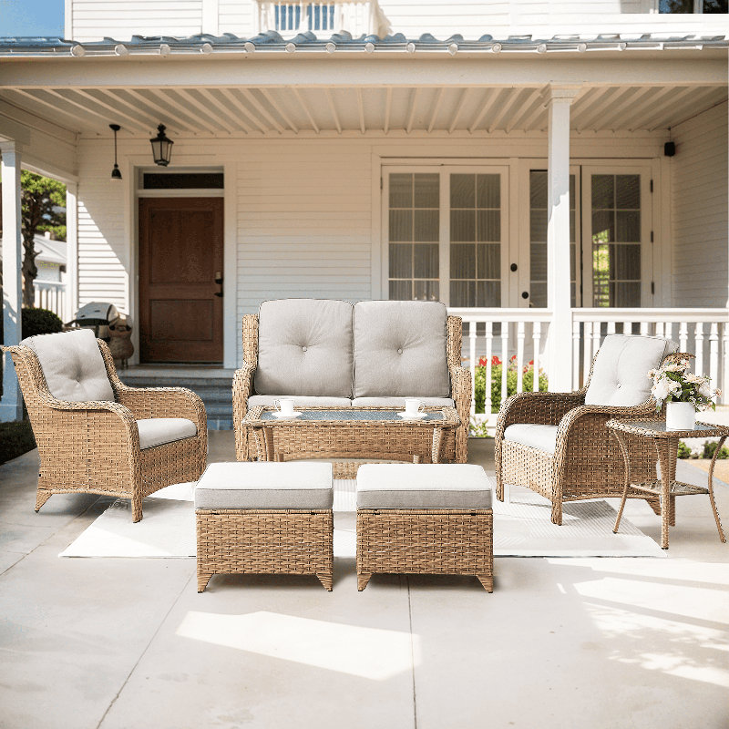 Carolina 7-Piece Wicker Outdoor Patio Furniture Set With Armchair And Ottoman, Beige