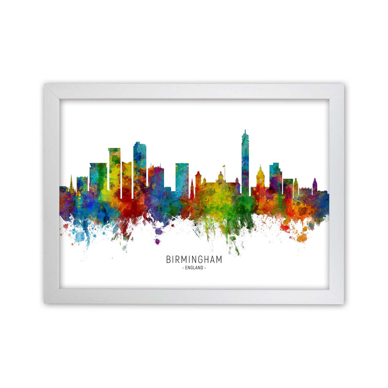 Birmingham England Skyline by Michael Tompsett - Print, White Framed, 34cm H x 46cm W x 3cm D