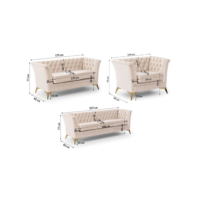 Whitby 3 - Piece Velvet Living Room Set, Gold, Beige