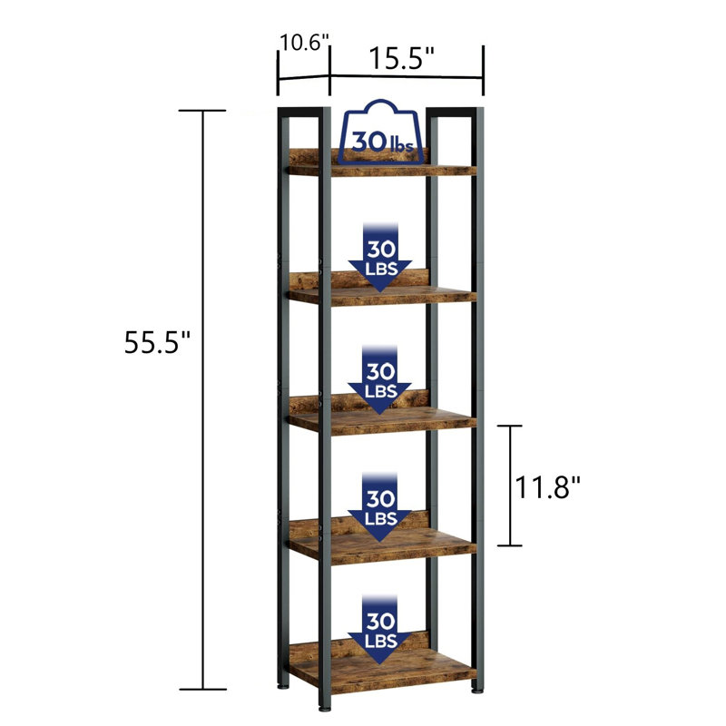 Darabont Bookcase, Vintage, (5 Shelves) 55.5"H x 15.5"W x 10.6"D