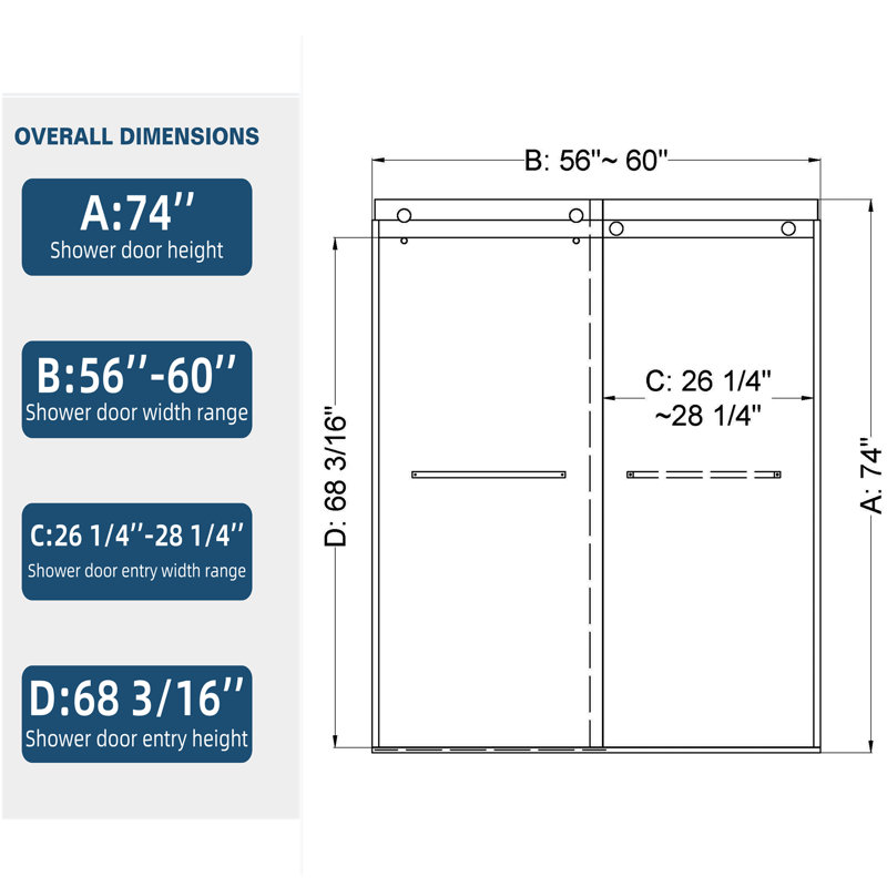 56"-60"W X 76"H Frameless Double Sliding Shower Door With 3/8" Tempered Glass, Matte Black