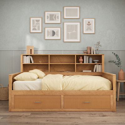 Wooden Daybed with Storage Shelves, Drawers and Charging Station