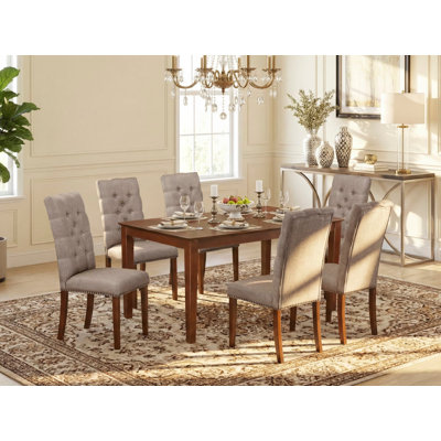7 Piece Dining Room Table Set Consist of a Rectangle Wooden Table and 6 Dark Khaki Linen Fabric Upholstered Parson Chairs, Mahogany