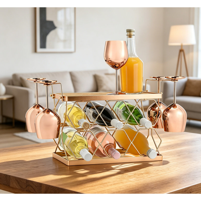 6 Oversized Bottles + 4 Glasses Wine Rack, Countertop No Assembly, Pink