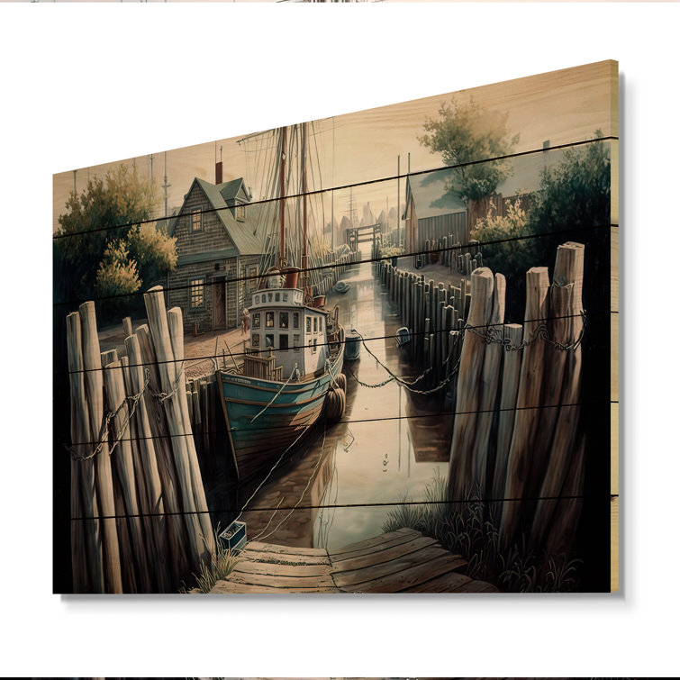 Rustic Port with A Fishing Boat V - Unframed Print On Wood Breakwater Bay Size: 24 H x 32 W x 1 D