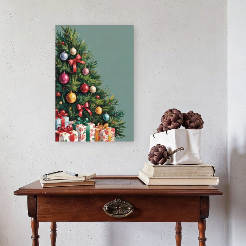 Christmas Tree And Gifts Traditional Vintage Abstract Christmas Tree Pine Tree Winter Landscape Wall Art Print 1 Piece Wrapped Canvas Wall Art