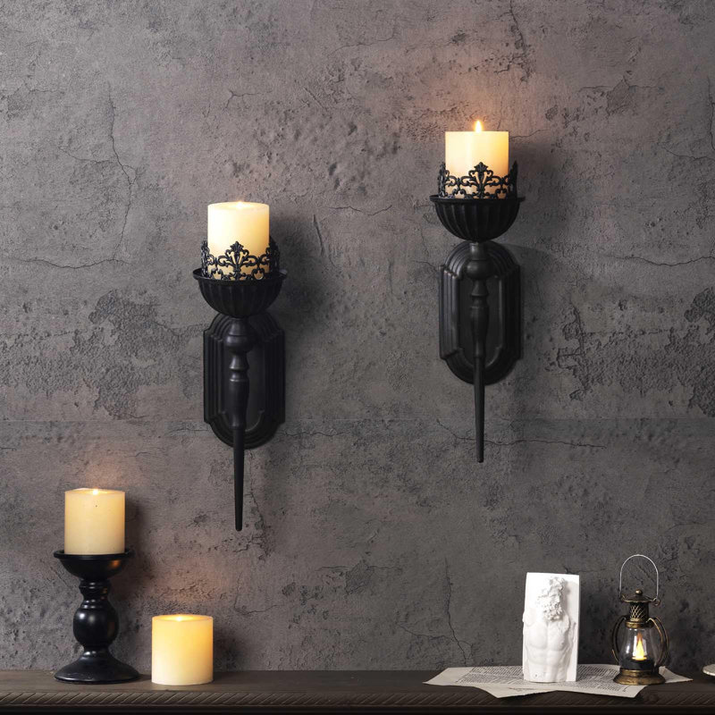 Black Iron and Wood Crown Design Wall Sconce Candle Holders, Set of 2